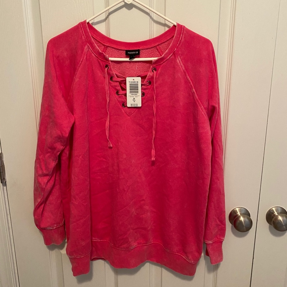 Torrid 00x Neon Pink Lace-Up Tunic Sweatshirt NWT - Picture 6 of 8